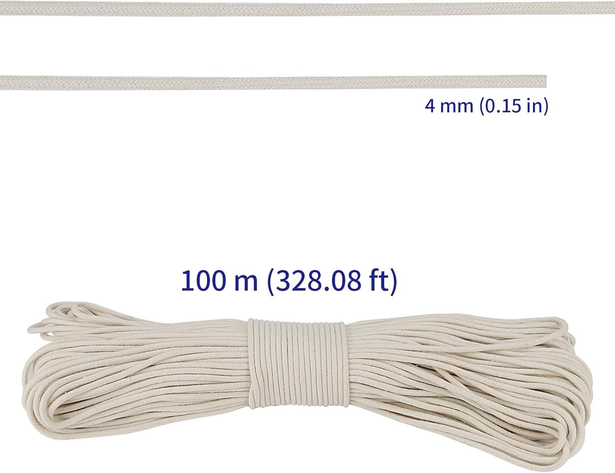 SOUJAP 5/32 Inch White Natural Cotton Clothesline Rope, 4mm x 328 Feet Cotton Sash Cord for Window, Decoration, Tie Down