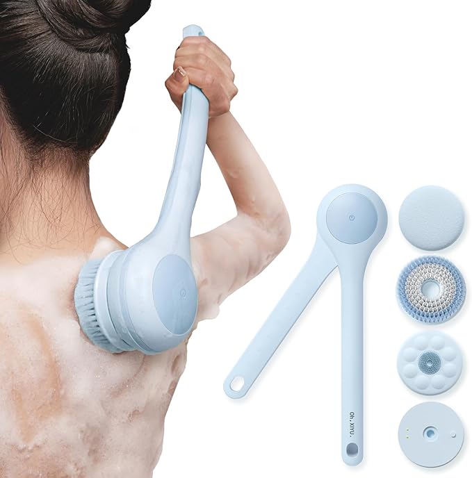 Electric Body Brush Back Scrubber for Shower, Waterproof Long Dual Handle Power Body Scrubber with 3 Heads, Rechargeable Bath Brush & 2 Speeds, for Cleansing, Exfoliating and Massaging Skin