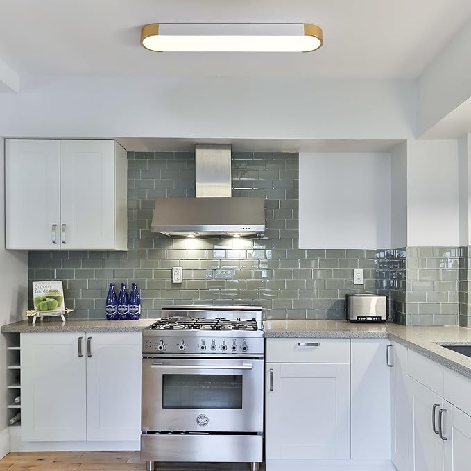 Tioolo Dimmable LED Ceiling Light with Remote 42W Kitchen Lighting Fixtures Ceiling White and Gold Long Ceiling Light Fixture 27.5 Inch Flush Mount Ceiling Lights for Kitchen Dining Room Hallway