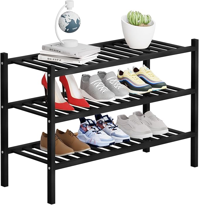 3 Tier Bamboo Shoe Rack Storage Organizer for Closet, Multifunctional Stackable Free Standing Shoe Shelf Organizer for Small Space,Entryway,Hallway,Bathroom 27"x11"x20" (Black, 3 Tier)