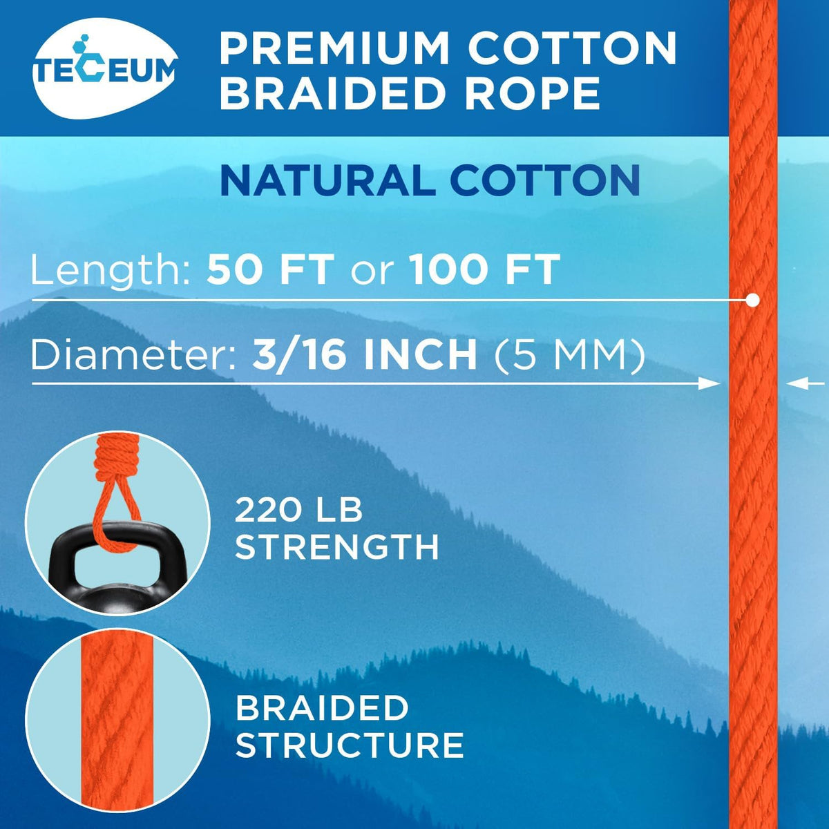TECEUM Cotton Rope 3/16” (5 mm) – 100 FT – Strong All-Purpose Braided Rope – Natural Cotton – for Crafting, Сamping, Clothes Line, DIY, Indoor & Outdoor Use – Orange