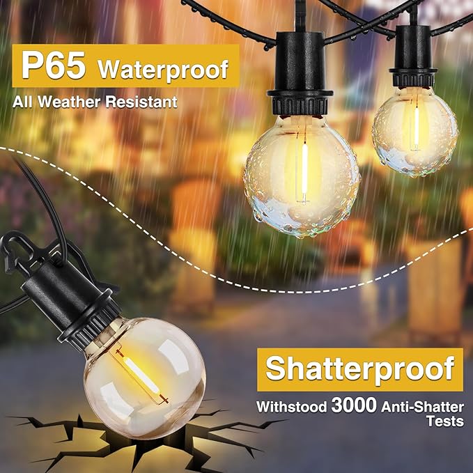 100FT Solar Lights Outdoor String Lights Waterproof G40 Patio lights Solar Powered with Remote USB Port 30+2 LED Shatterproof Bulbs 3 Light Modes, Dimmable Solar Lights for Camping for Porch Backyard