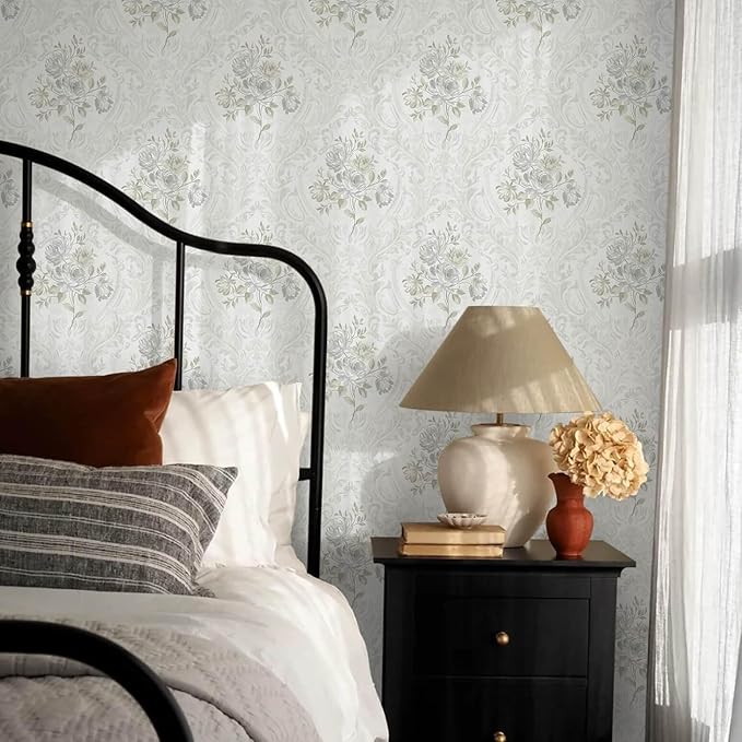 Ismoon Floral Peel and Stick Wallpaper Vintage White and Grey Contact Paper