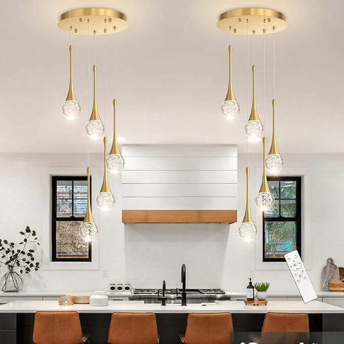 cenzoz 5-Lights Modern Pendant Lights for Kitchen Island LED Dimmable Chandelier Crystal Glam Ceiling Pendant Lighting for Dining Room Hallway Bedroom Lamp Antique Gold