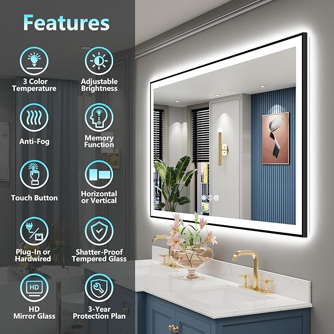 66x36 Black Framed LED Bathroom Mirror