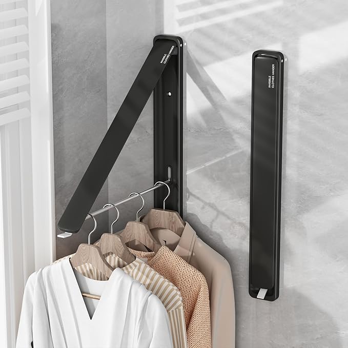 Clothes Drying Rack for Laundry Drying Rack Wall Mounted Clothes Hanger Rack Retractable Laundry Hanger Dryer Rack Space Saving Closet Organizer Aluminium (Black)