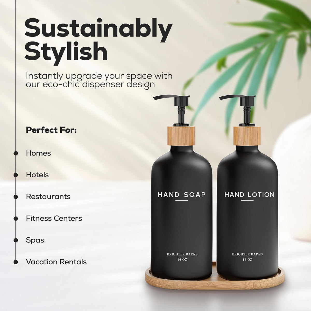 Black Glass Soap and Lotion Dispenser Set with Tray by Brighter Barns - Liquid Hand Soap Dispenser and Pump - Bamboo Bathroom Accessories & Modern Bathroom Decor (Black)
