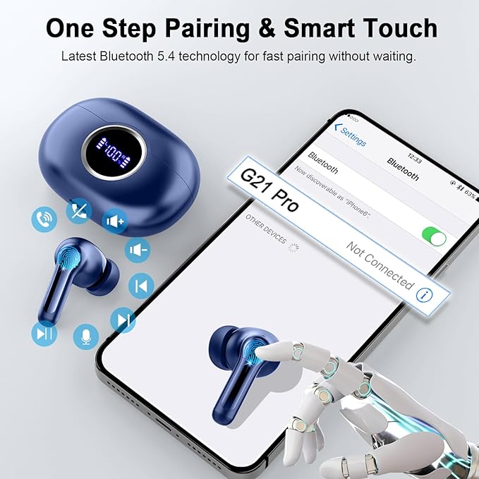 Wireless Earbuds, 2025 Bluetooth 5.4 Headphone 3D Stereo Bass Ear Bud, 4 ENC Noise Cancelling Mic, 40+Hrs USB-C in-Ear Earphone, IP-X7 Waterproof Headset Sport Workout Gym for Laptop Pad Android iOS