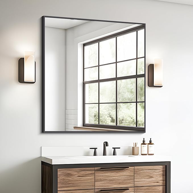 Bathroom Mirror,36x40 inch Wall Mirror for Bathroom Wall Mounted Black Rectangle Square Corner Mirrors, Black Bathroom Mirror for Living Room, Farmhouse, Bedroom Entryway, Horizontal/Vertical