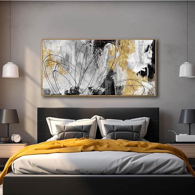 YJYart Abstract Wall Art Office Decor Gold Wall Decor for Living Room Black and White Artwork Line Art Frame Room Decor for Bedroom 24X48 Inch