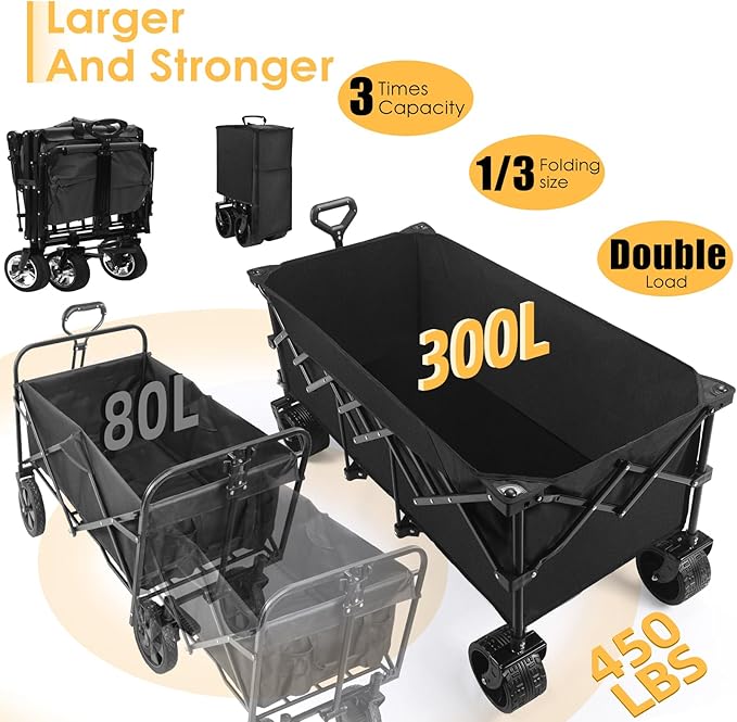 49''L Collapsible Foldable Extended Wagon with 450lbs Weight Capacity, Heavy Duty 300L Folding Utility Garden Cart with Big All-Terrain Beach Wheels & Drink Holders. Black