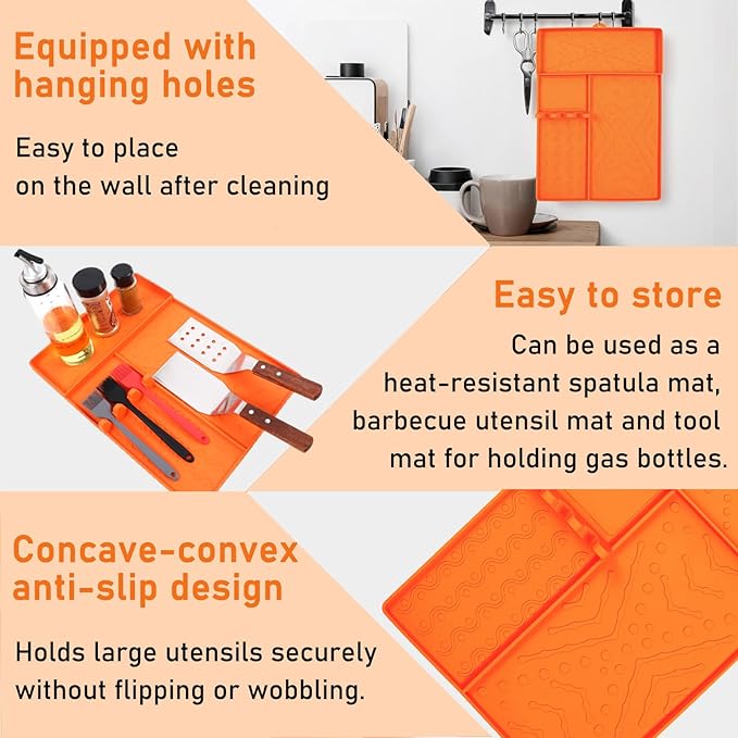 Griddle Mat Barbeque Grill Accessories Tools for Blackstone, Side Shelf Food-Grade Silicone Spatula Mat with Drip Pad for Outdoor Grill Kitchen Counter - Orange