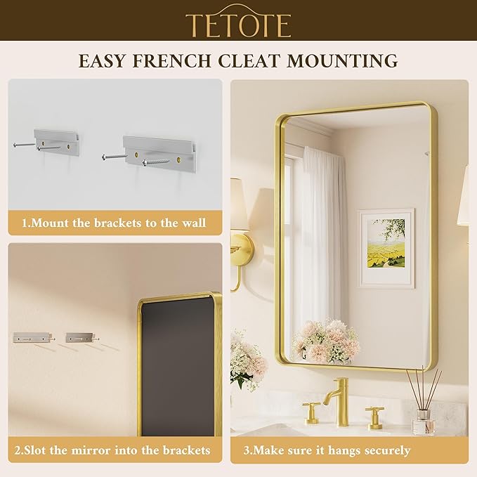 TETOTE Brushed Gold Bathroom Mirror, 24 x 32 Inch Metal Framed Mirror, Brushed