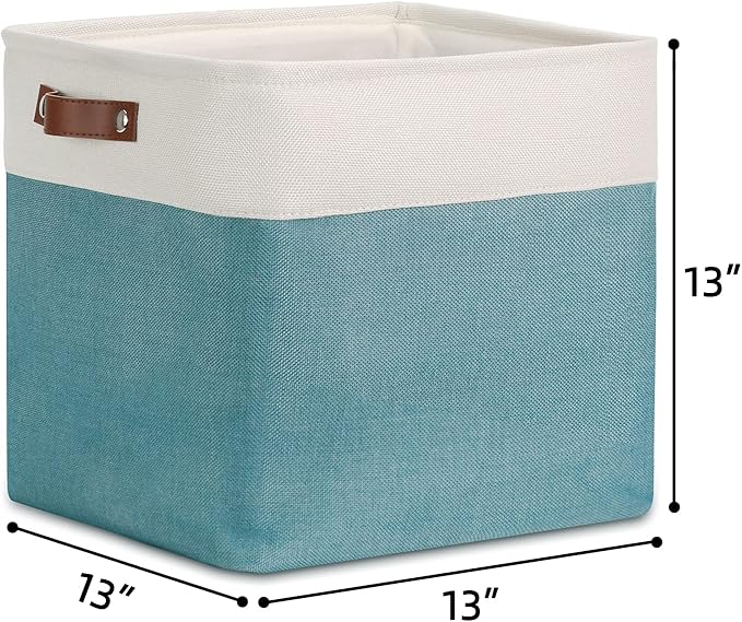 DULLEMELO Cube Basket for Storage, Collapsible Fabric Cube for Organizing, Storage Cube for Closet, Laundry, Nursery, Shelves, Decorative Basket for Gifts Empty (White&Teal)