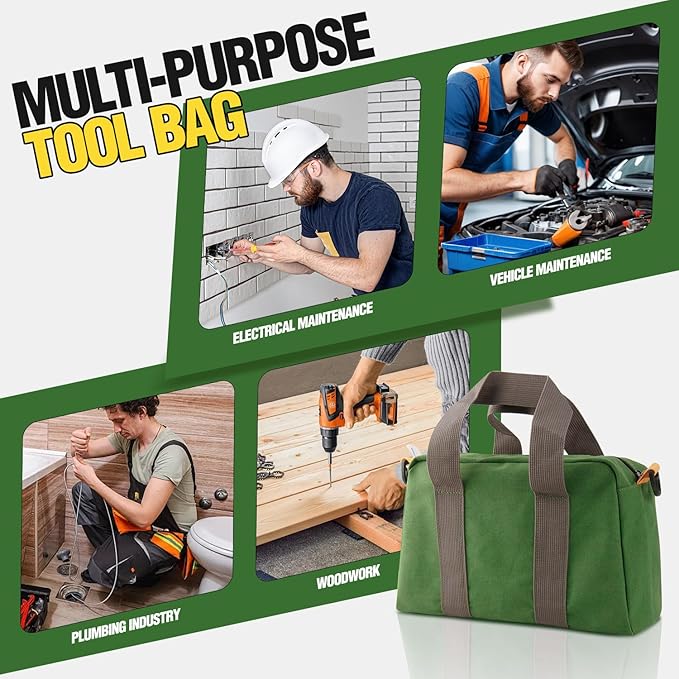 12 Inch Small Tool Bag, Canvas Tool Storage Bag, Large Capacity Multipurpose Zipper Soft Tote Organizer Pouch, for Electrician, Plumbing, Gardening,Tools Bags for Men