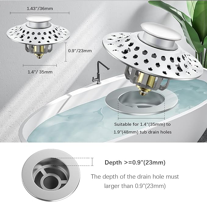 Tub Stopper Bathtub Drain Hair Catcher, 2 in 1 Bathtub Drain Stopper, Bathtub Stopper with Dual Filtration Design, Pop Up Bathtub Drain Plug for 1.4-1.9" Drain Hole