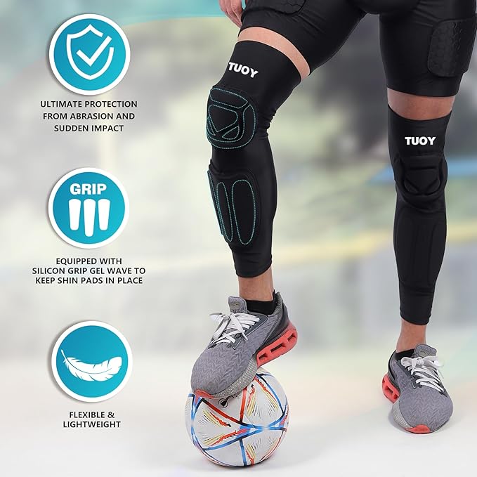 TUOY Knee Pad with Shin Guard Pads, Protective Shin/Knee Sleeve Support for Soccer, Football, Basketball, Wrestling, Volleyball (A Pair)