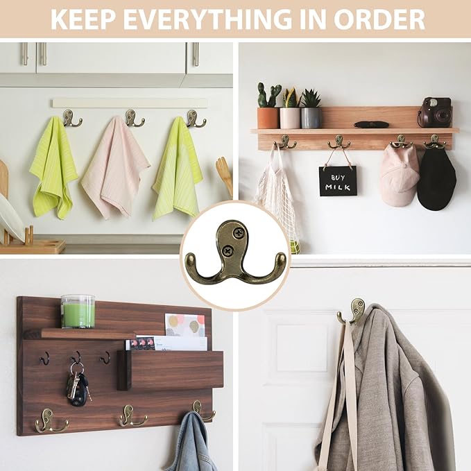 Homanu 10 Pack Coat Hooks, Heavy Duty Double Prong Coat Hooks Wall Mounted