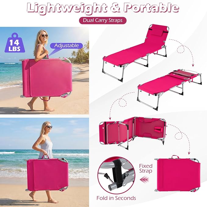 GYMAX Tanning Chair, 330LBS Beach Lounge Chair with Face Arm Hole & Hand Shoulder Strap, Folding Layout Sunbathing Chair, Face Down Outdoor Chaise Lounger for Patio, Poolside, Lawn, Backyard (2, Pink)