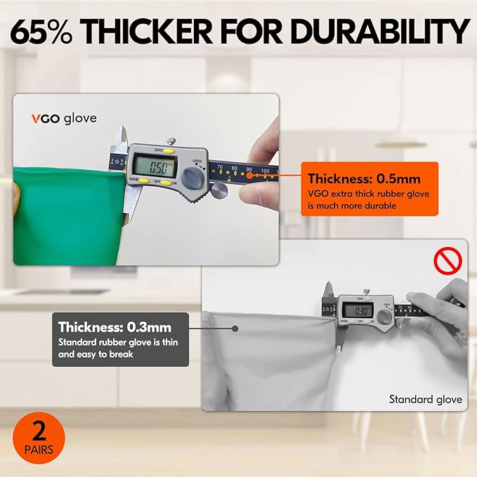 Vgo... 2-Pairs Reusable Household Gloves, Rubber Dishwashing gloves, Extra Thickness, Long Sleeves, Kitchen Cleaning, Working, Painting, Gardening, Pet Care (Size S, Green, HH4601)