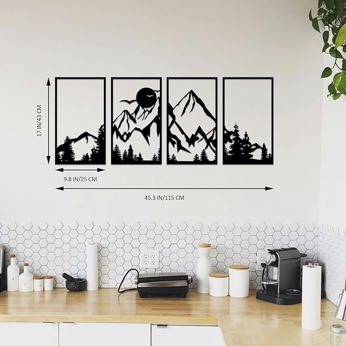 ESTART 4 Pcs Mountain Range Metal Wall Art Decor Summit Metal Wall Sign Rustic Forest Home Decor Sign Mountain Scene Wall Decor Art Hanging for Living Room Bedroom Bathroom Office, 45.3 x 17 Inch