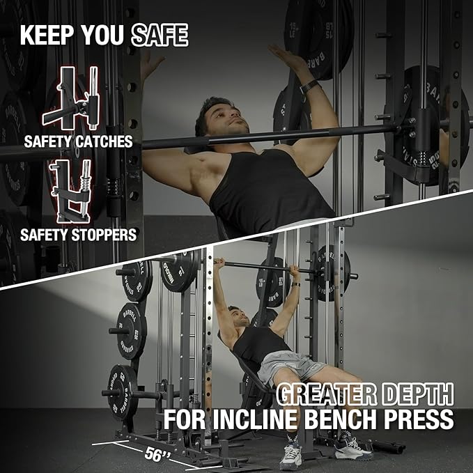 Mikolo Smith Machine, 2200lbs Squat Rack with LAT-Pull Down System & Cable Crossover Machine, Training Equipment with Leg Hold-Down Attachment