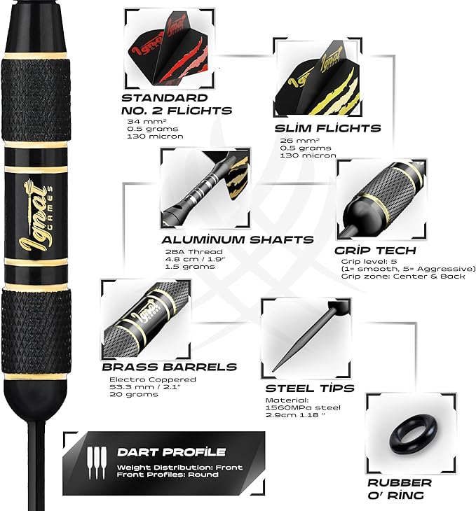 IgnatGames Premium Steel Tip Darts – 3/6/12 Pack Brass Barrels with Aluminum Shafts, 16 GlideXPro Flight Set, Tool Kit & Giftable Case