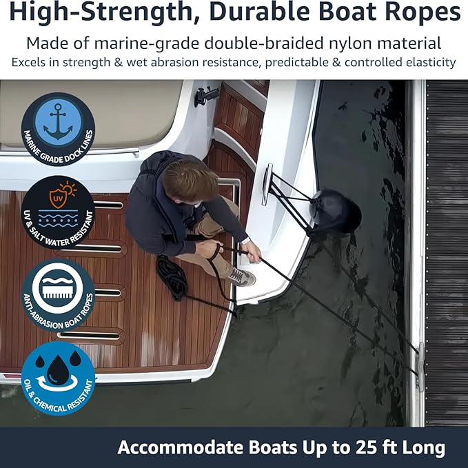 2 Pack 3/8" x 20' Dock Lines - Marine Grade Nylon Boat Rope with 12" Loop for Docking and Mooring - Double Braided Boat Lines, High Strength, Easy Handling, Fray Resistant - Black