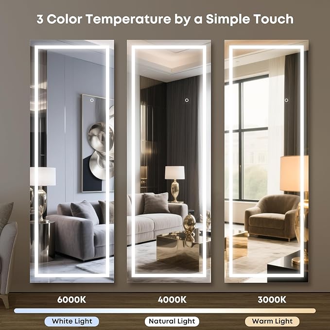 Kosmonia 67x24 Frameless Full Length Mirror, Dimmable 3 Color LED Light