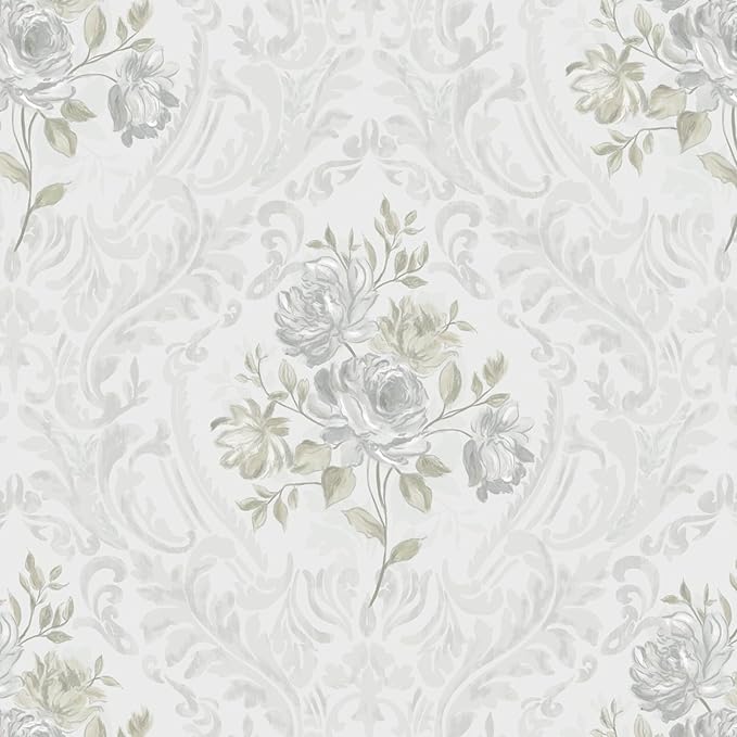 Ismoon Floral Peel and Stick Wallpaper Vintage White and Grey Contact Paper