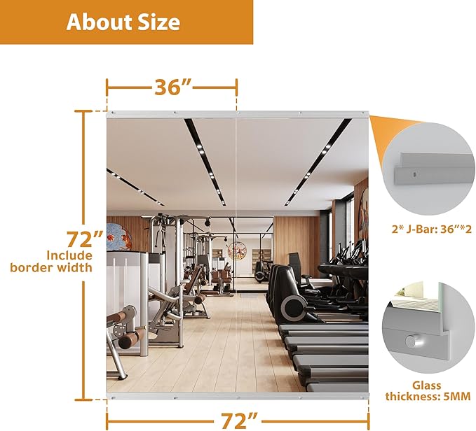 ROOMTEC Workout Mirrors for Home Gym 72"x36"-2PCS, Large Wall Mirror Full Length for Fitness, Yoga, Big Wall Mounted Frameless Glass Mirror for Garage, Dance Studio, Bedroom