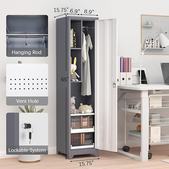 GREATMEET Slim Locking Metal Garage Storage Cabinet, Tall Steel Narrow Broom