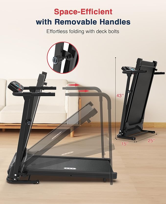 Redliro Treadmill for Seniors with Long Handrails - 300 lbs Capacity Walking Treadmill for Elderly with Cup Holder - Recovery Machine for Home Use with Clear, Non-Scrolling Display (Black)