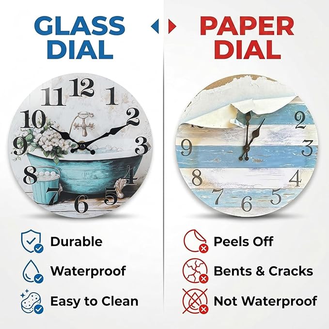 Decorative Bathroom Wall Clock, Rustic Style Waterproof Glass Wall Clock