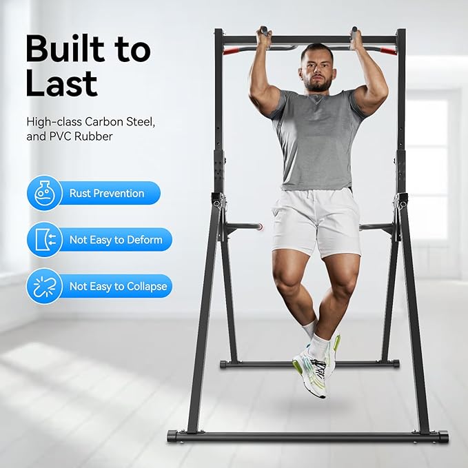 Foldable Power Tower Pull Up Bar Dip Station, 200kg/440.92lbs Triangular Pull Up Bar Station Adjustable, Multi-Function Strength Training Fitness Equipment for Home Gym