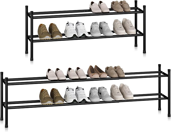 STORAGE MANIAC Long Expandable Shoe Rack, 12 Pairs Metal Wide Stackable Shoe Rack, Adjustable Shoes Shelf, Freestanding Shoes Organizer for Closet, Entryway, Hallway, Garage, Front Door, 2 Tiers