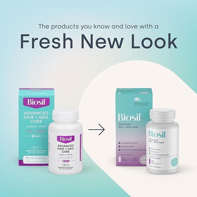 Biosil Advanced Hair + Nail Care - Growth Vitamins for Women - Strengthen & Thicken Strands - 30 Capsules - Patented ch-OSA - 15-Day Supply