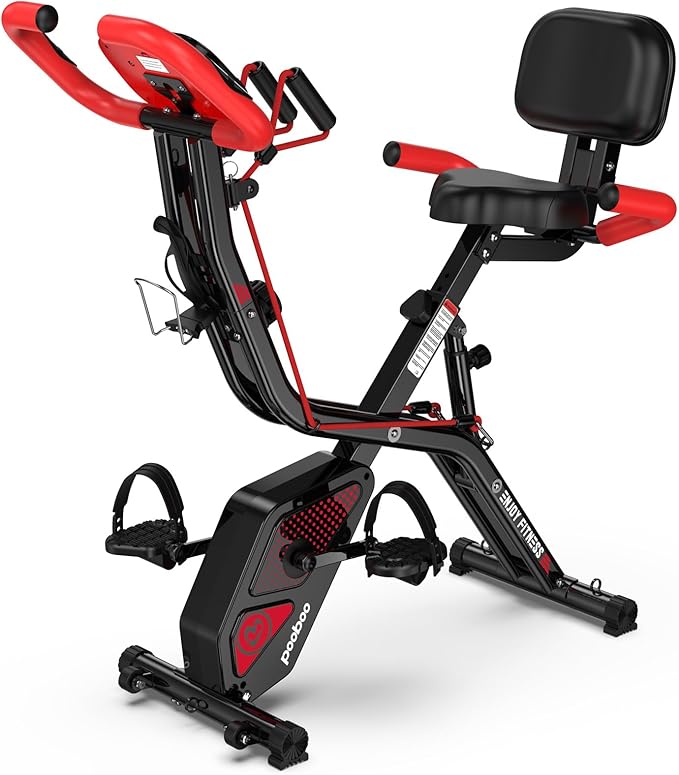 pooboo Folding Exercise Bike, Foldable Upright Stationary Bike, Indoor Cycling Magnetic X-Bike with 8-Level Adjustable Resistance, 6.6 LBS Flywheel, 300LB Capacity, Bottle Holder & Back Support Cushion for Home Gym