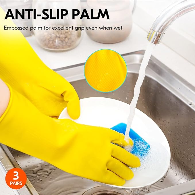 Vgo... 3-Pairs Reusable Household Gloves, Rubber Dishwashing gloves, Extra Thickness, Long Sleeves, Kitchen Cleaning, Working, Painting, Gardening, Pet Care (Size XL, Yellow, HH4601)