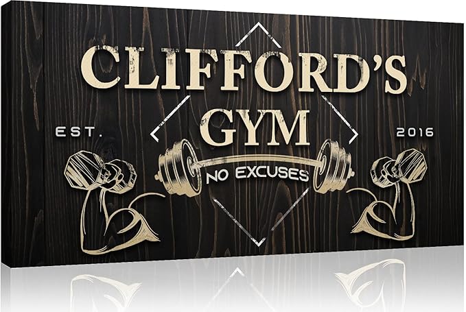 Tailored Canvases Personalized Gym Sign Wall Art Decor - Motivational Canvas for Home Gym, Workout Room, Garage, Fitness Center - Workout Inspirational Posters - Gym Name on Wooden Background, 60x30in