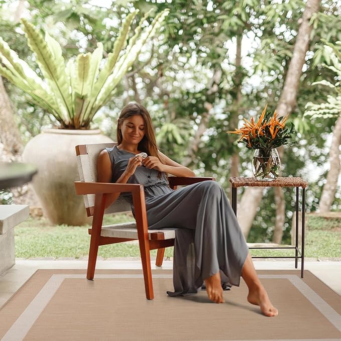 CAMILSON Outdoor Rug 6x9, Modern Outside Rugs for Patios Porches Waterproof Durable Washable Non-Shedding, Easy-to-Clean Indoor Outdoor Area Carpet (6 x 9, Bordered - Beige/White)