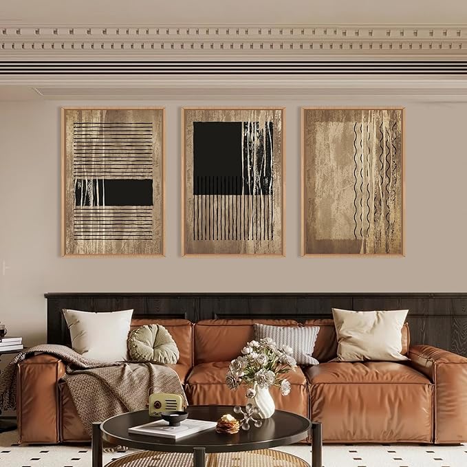 CHDITB Abstract Line Wall Decor, Vintage Black Brown Framed Canvas Wall Art, Mid Century Modern Art Print Home Decor, Boho Neutral Minimalist Painting For Living Room Bedroom Dining Room Office 16"x24