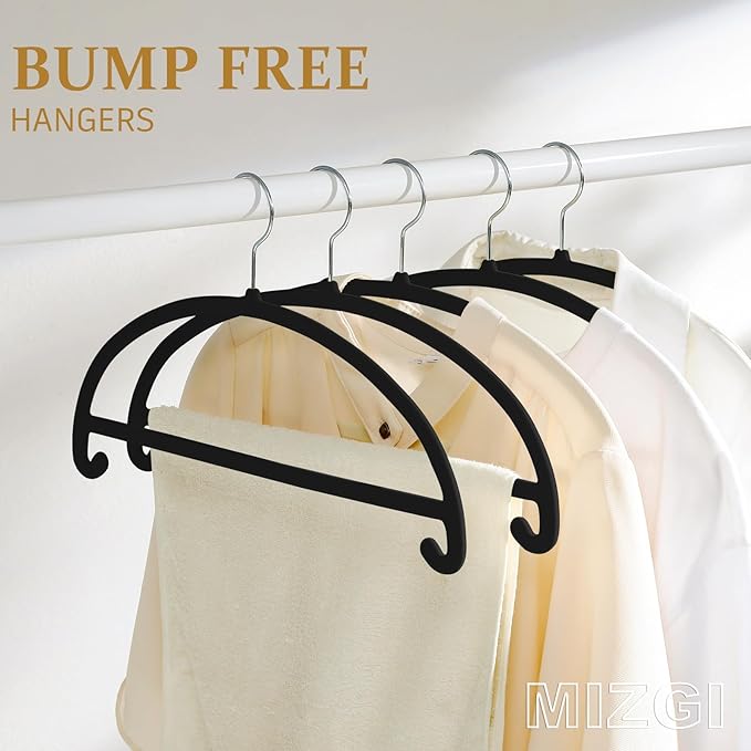 MIZGI 50 Pack Black Velvet Hangers - No Shoulder Bumps, Heavy Duty Non-Slip Chrome Hooks for Jackets, Coats, Pants