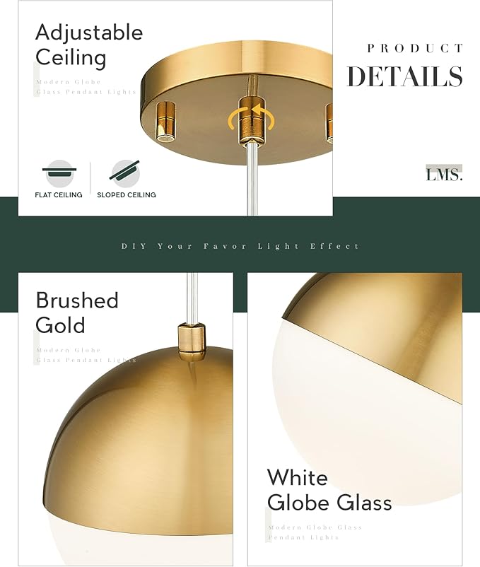 LMS Mid Century Pendant Lights, Brushed Gold Kitchen Island Light Fixtures with White Globe Glass Shade, Adjustable Hanging Cord, 2-Pack for Home Office Dining Room Bathroom, LMS-186PL-BGWS2PK