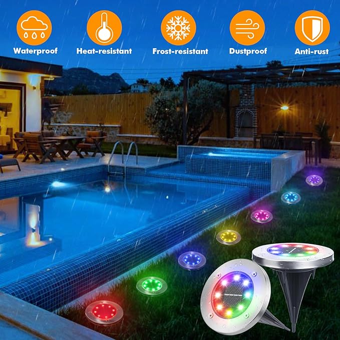 LYHOPE Solar Ground Light Outdoor, 16 Pack 8 LED Color Changing Solar Disk Lights Waterproof Garden In-ground Pathway Lights Landscape Lighting for Lawn,Yard,Deck,Patio,Walkway (RGB)