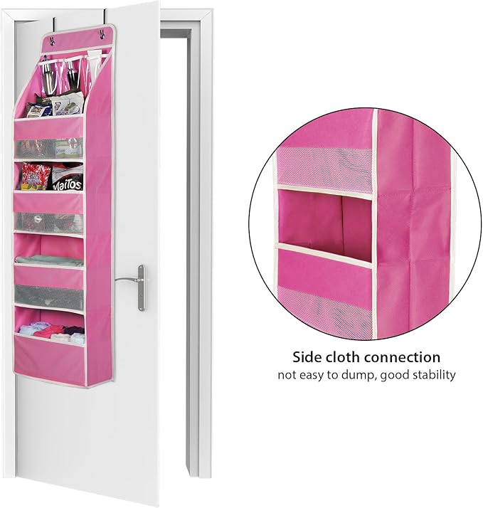 Univivi 5-Shelf Fabric Door Storage Over Door Hanging Organizer with 4 Large Pockets and 3 Small PVC Pockets Nursery Closet Cabinet Wall Mount Hanging Storage Organizers for Baby Nursery (Pink)