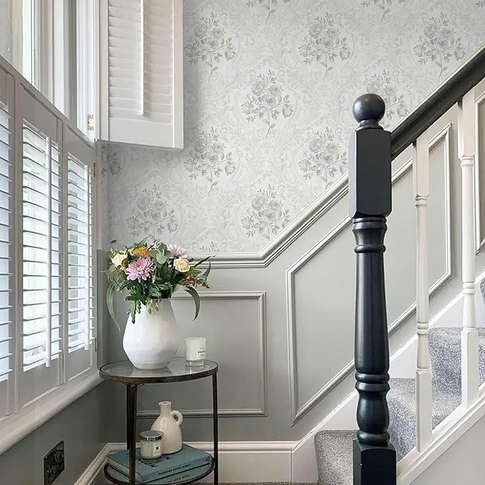 Ismoon Floral Peel and Stick Wallpaper Vintage White and Grey Contact Paper