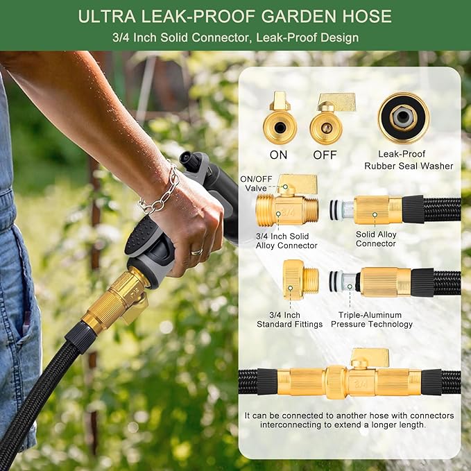 Garden Hose Non-Expandable 75 ft, Lightweight Flexible Water Hose with 10 Function Spray Nozzle, Outdoor Leak Proof, Kink-Free, Portable Hose for Yard, Lawn, Camper, High-Density Fabric, Black Grey