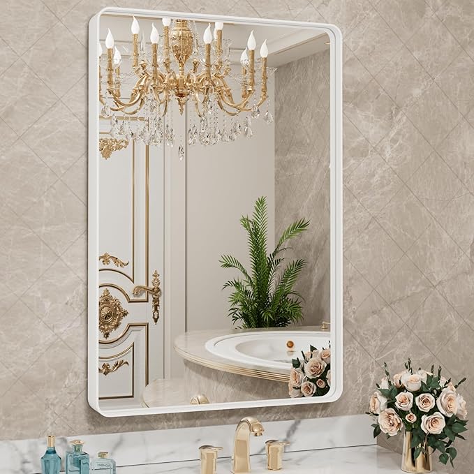 LOAAO 20x30 Inch White Metal Framed Bathroom Mirror