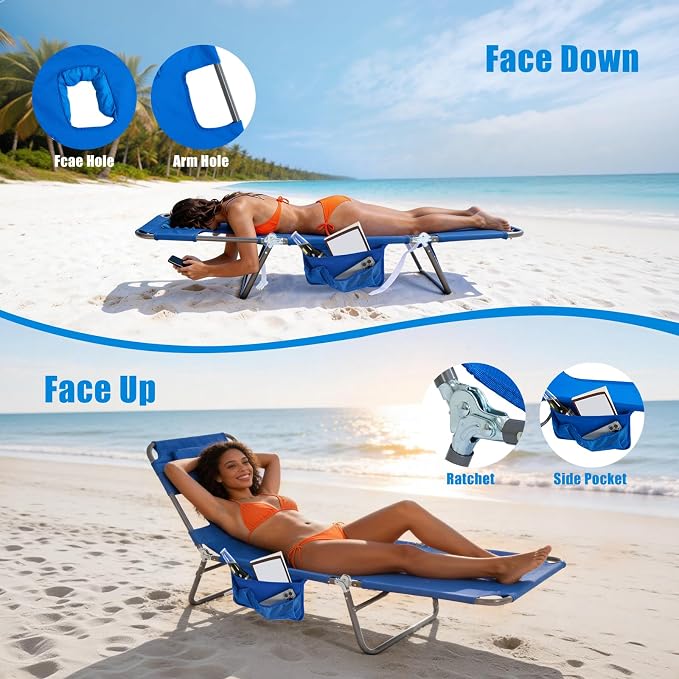 SUNNYFEEL Lay Flat Tanning Chair with Face Down Hole & Arm Slots, Beach Lounge Chair, 5-Position Folding Sunbathing Chair, 300 LBS Heavy Duty, 72" L x 22" W for Beach, Pool, Camping